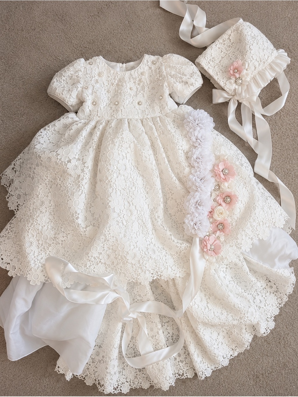 White Lace Flower Girl Dress with Matching Bonnet - Kids Costume